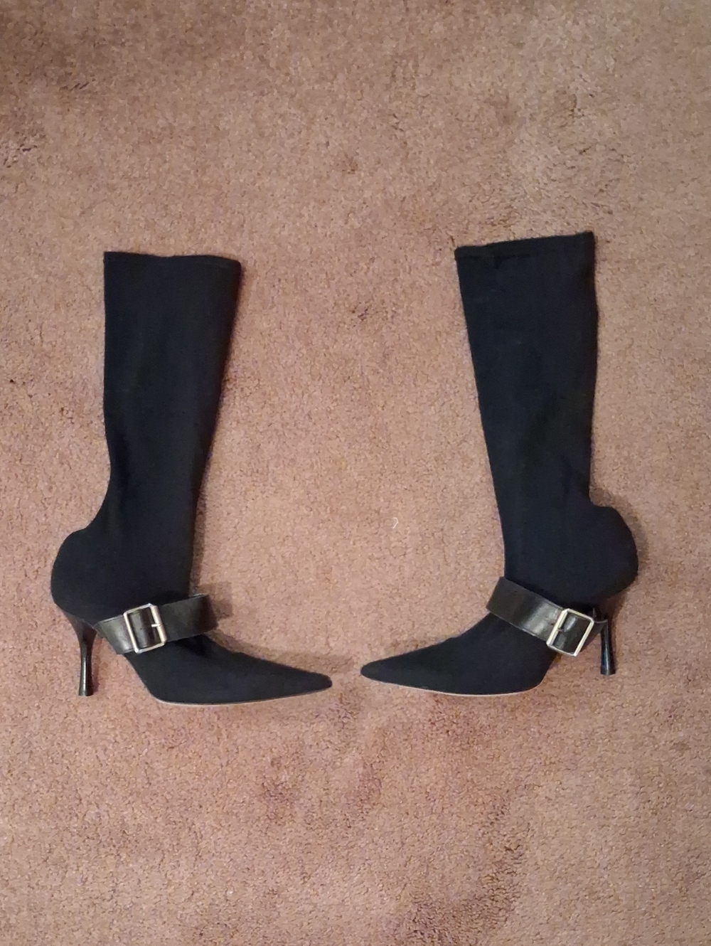 Women's Black Pointed-Toe Mid-Calf Stiletto Boots with Buckle Strap